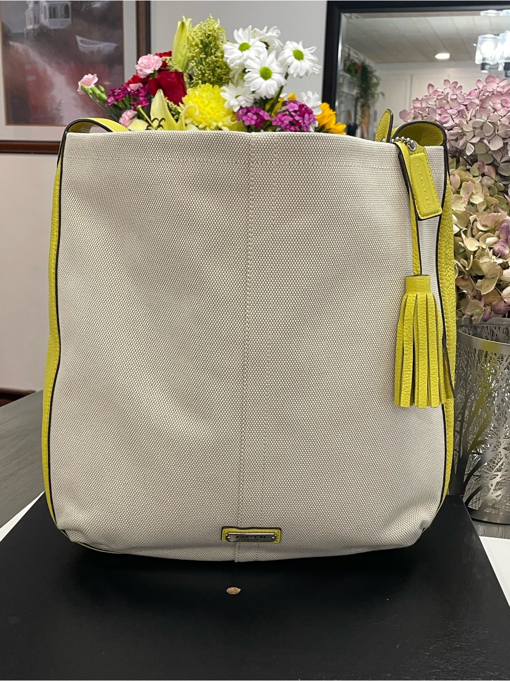 Coach Neutral Canvas Tote with Yellow Trim and Tassel